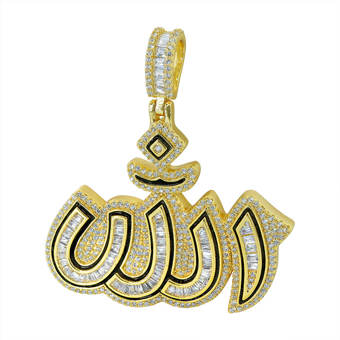 Sterling silver Rhodium Allah pendant with cubic zirconia