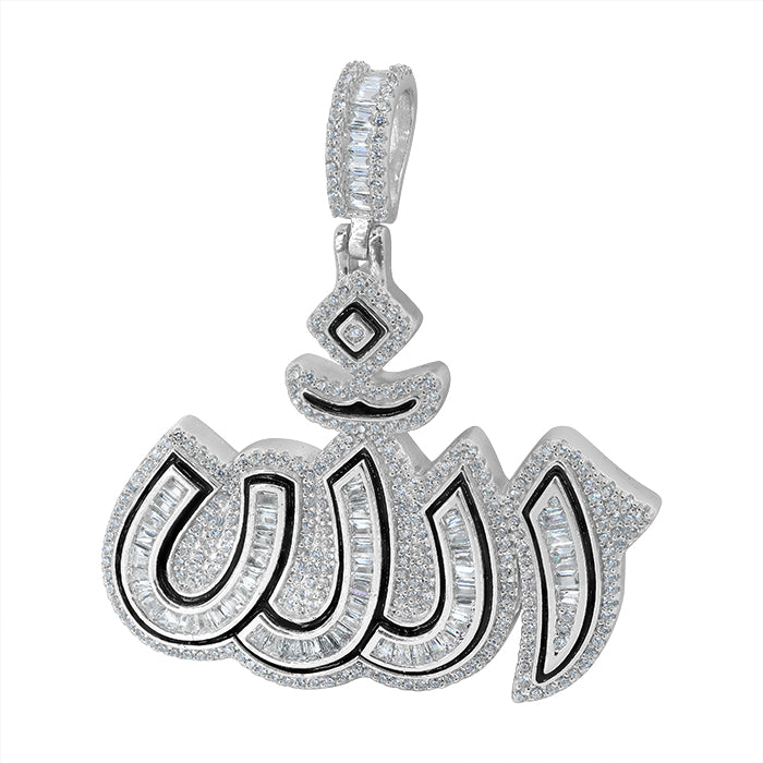 Sterling silver Rhodium Allah pendant with cubic zirconia