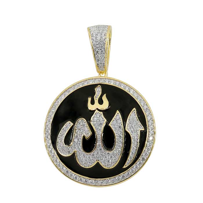 Sterling silver Rhodium Round Allah pendant with cubic zirconia