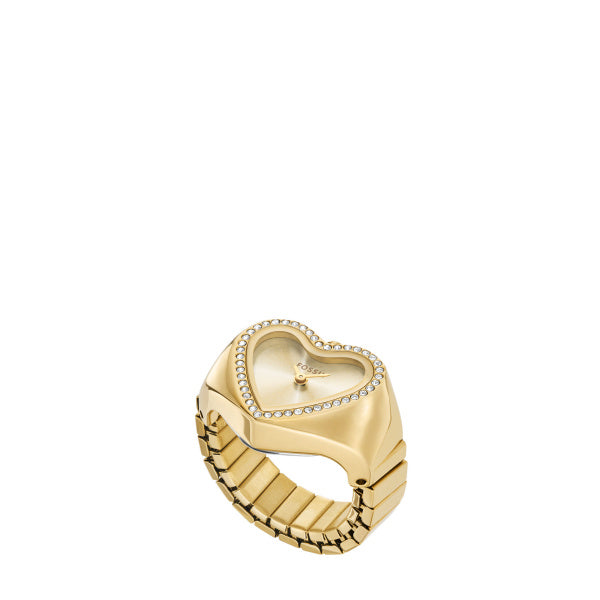 FOSSIL TWO-HAND GOLD-TONE HEART WATCH RING- ES5407