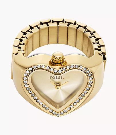 FOSSIL TWO-HAND GOLD-TONE HEART WATCH RING- ES5407