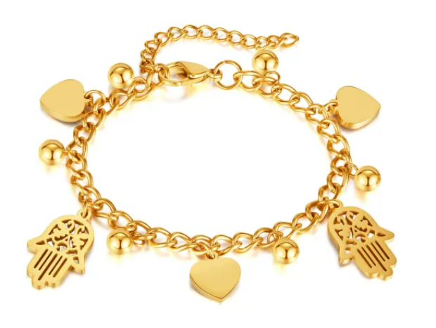 Stainless Steel Hamsa Hand Bracelet with Hearts