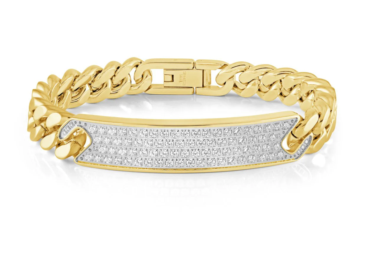 Stainless Steel Gold Plated Curb ID CZ bracelet