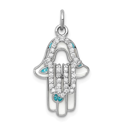 Sterling Silver Rhodium-plated Enamel Hamsa with CZ pendant