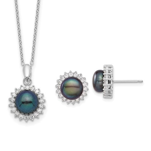 Sterling Silver Rhodium plated Black Pearl CZ Necklace Set