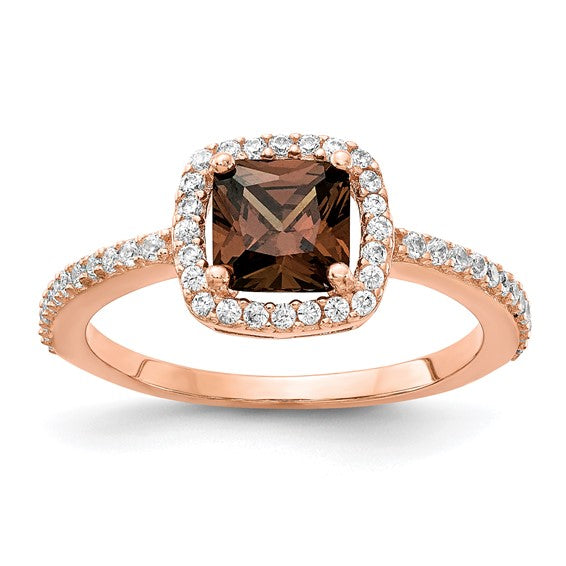 Sterling Silver Rose Gold-plated Black Quartz Cz Ring