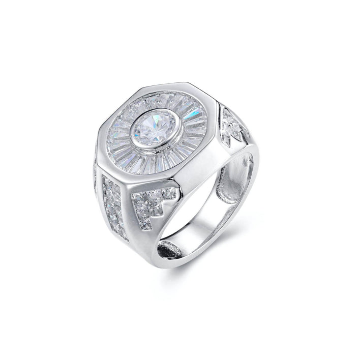 Men’s Sterling Silver Octagon Signet Ring with Pavé Accents