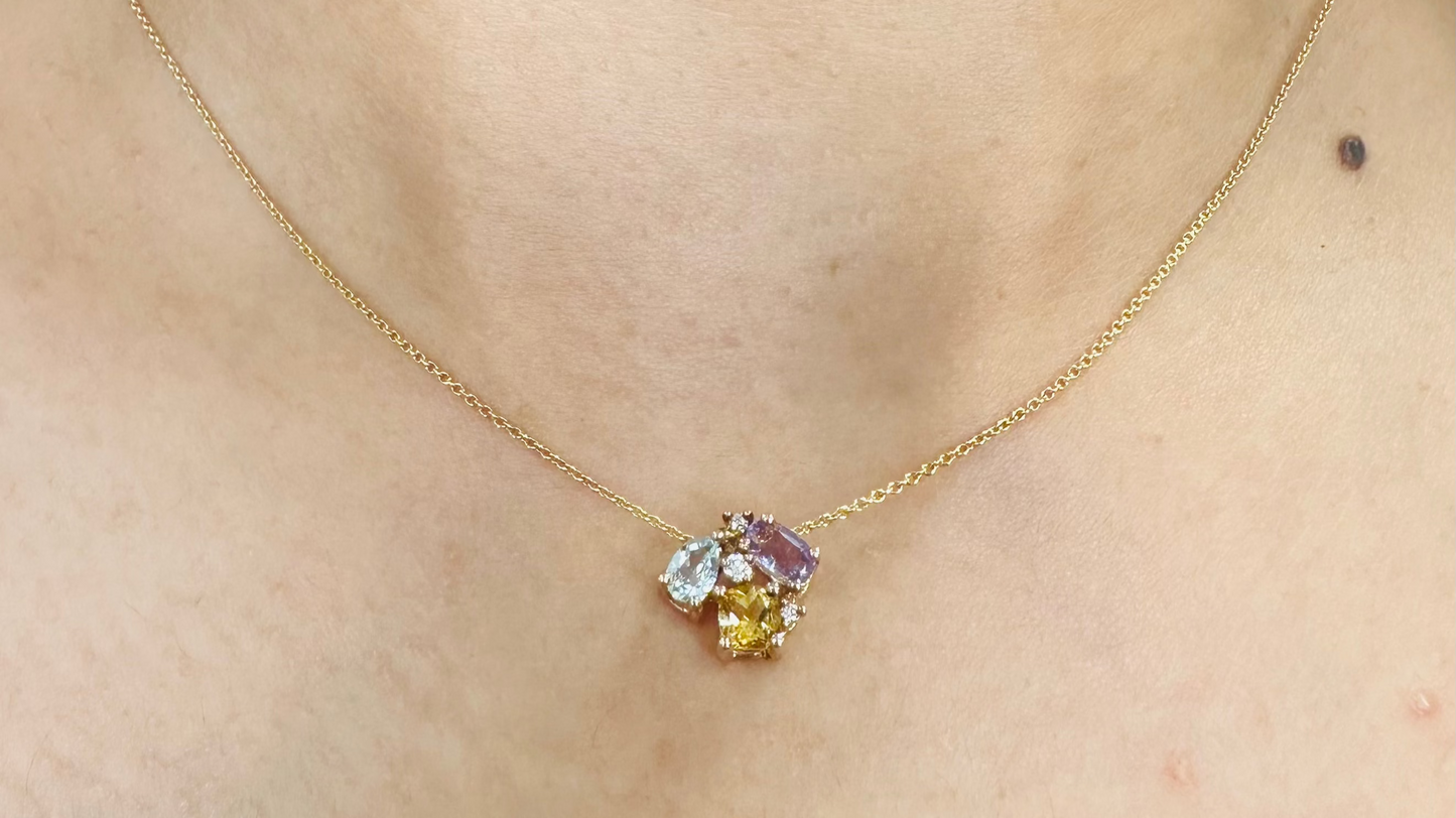 10k Yellow Gold Aquamarine, Amethyst, Citrine, and Diamonds Necklace