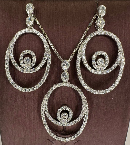 Sterling silver Triple Oval Necklace with Earrings CZ Set