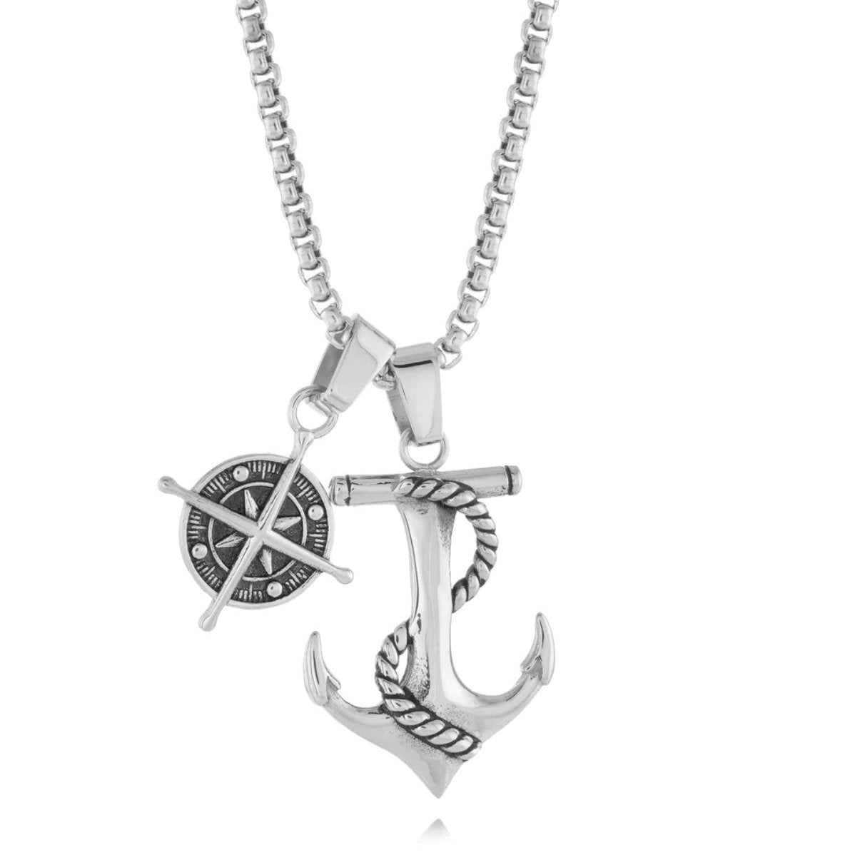 Stainless Steel Anchor & Compass Pendant Necklace