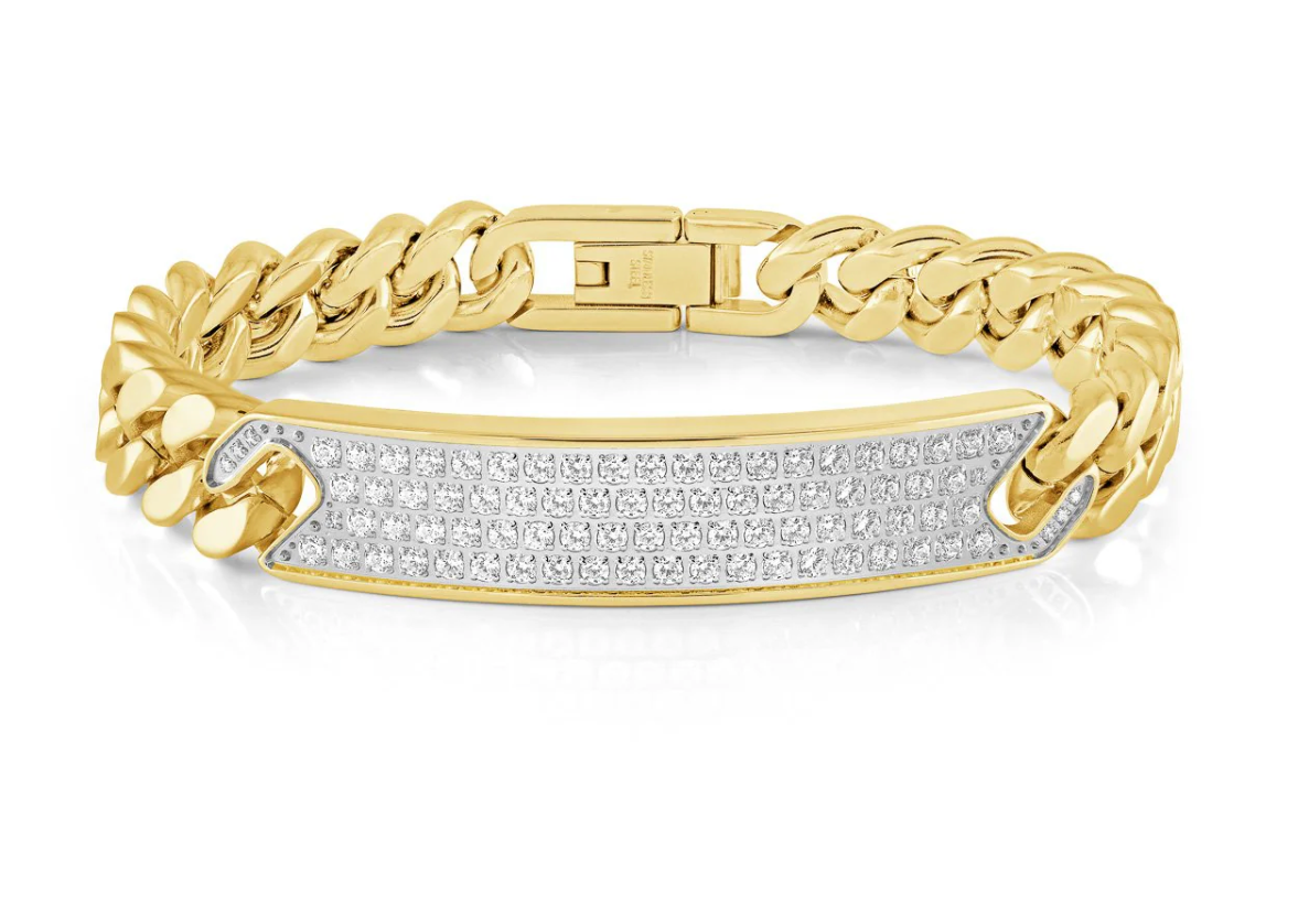 Stainless Steel Gold Plated Curb ID CZ  bracelet