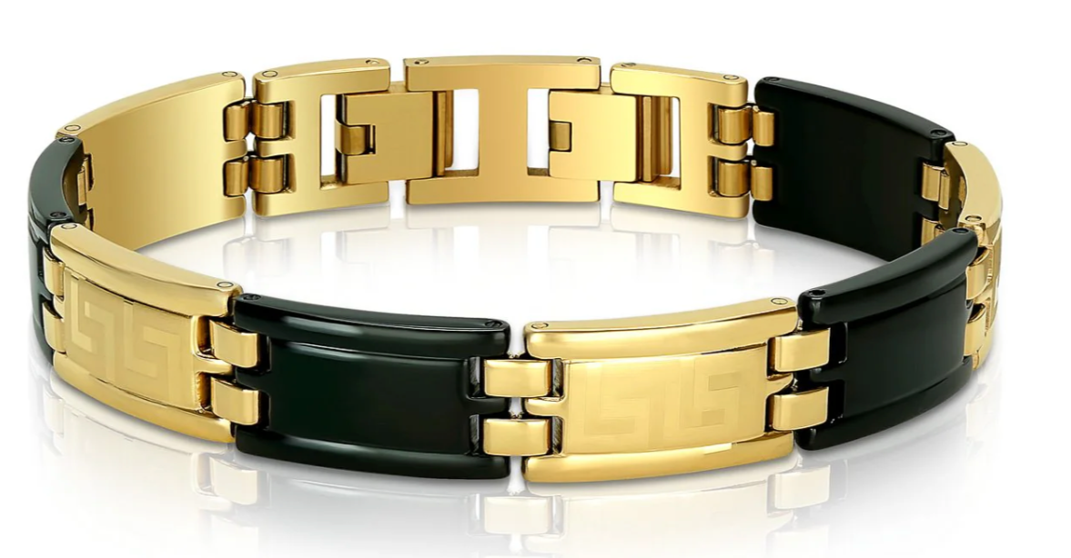 Black and GoldIP Stainless Steel Two Tone Greek Key Laser Bracelet