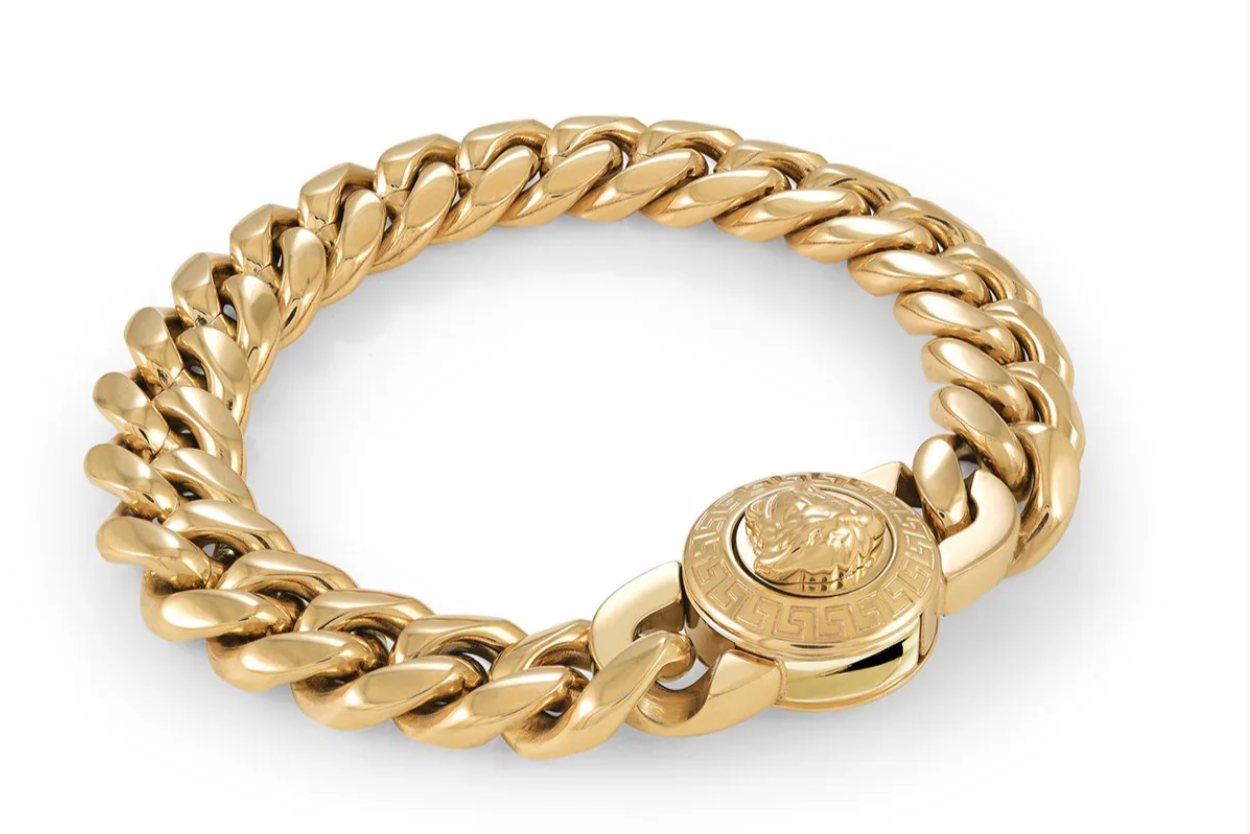 Stainless Steel Gold Ion Curb ID Medusa Head Bracelet