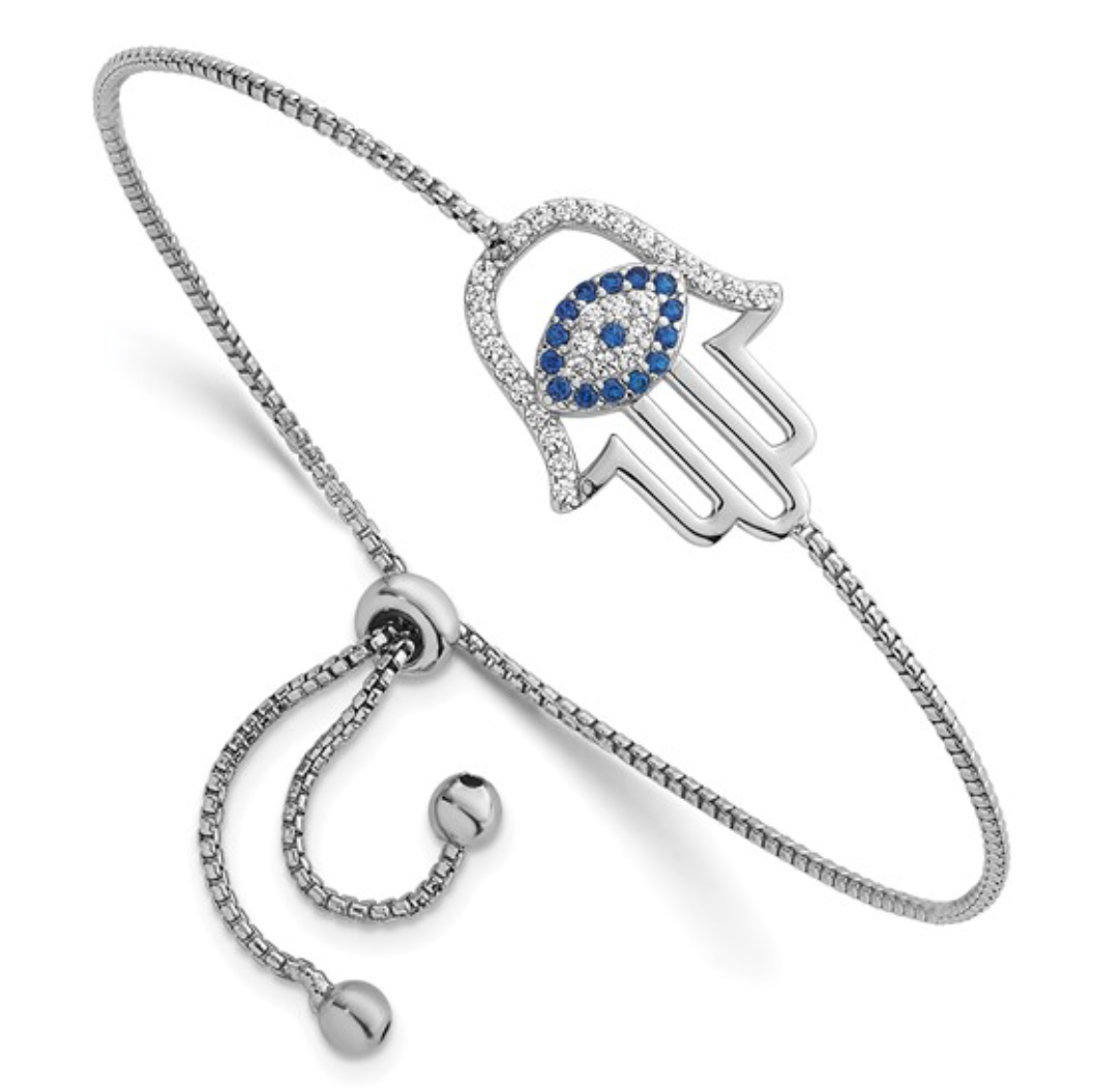 Sterling Silver Rhodium Plated Lab Create Blue Spinal and Cz Evil Eye Hamsa Hand Bracelet