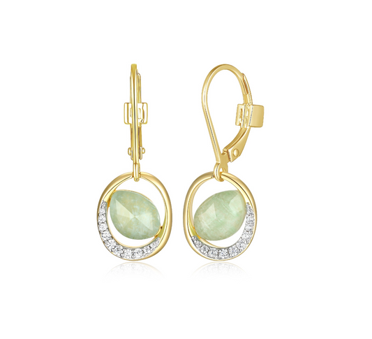 Elle Sterling Silve Gold Plating Genuine Amazonite Oval Stone Drop Earring with Cubic Zirconia
