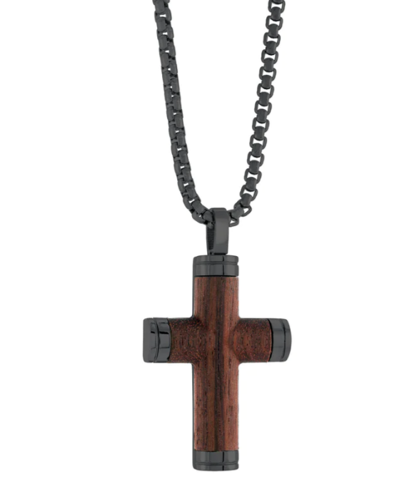 Stainless Steel Wood Inlay Cross Necklace