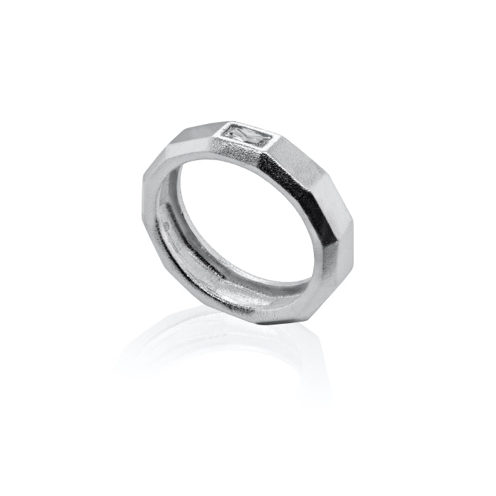 Brushed Faceted Ring with Centre CZ Stone