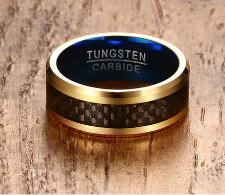 8mm Comfort Fit Gold Ip Tungsten Carbide Ring with Carbon Fiber