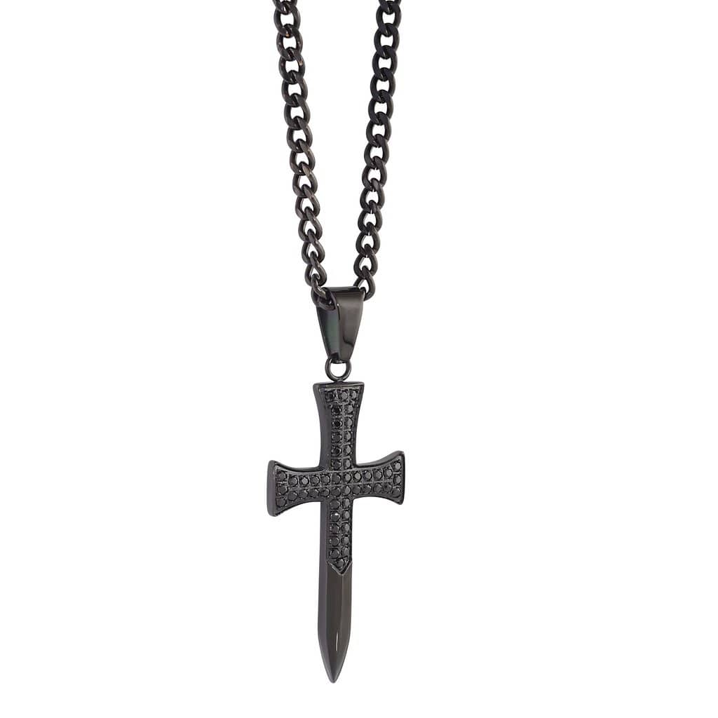 Stainless Steel Gold Ion Black Cubic zirconia Sword Cross Necklace