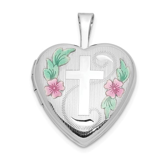 Sterling Silver Enamel Cross Heart Locket