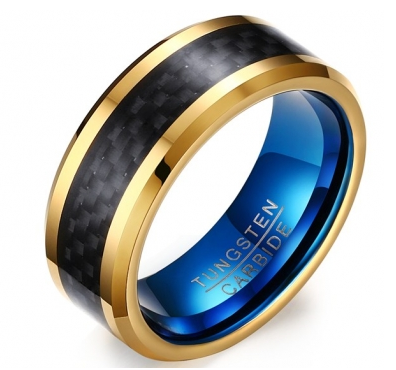 8mm Comfort Fit Gold Ip Tungsten Carbide Ring with Carbon Fiber