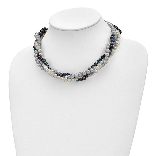 Sterling Silver Rhodium Plated White/Black/Silver FWC Pearl Necklace