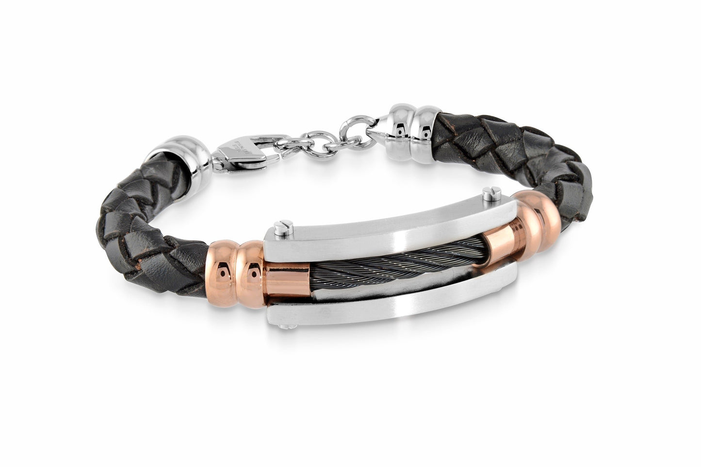 Italgem Stainless Steel Black Cable Leather Bracelet