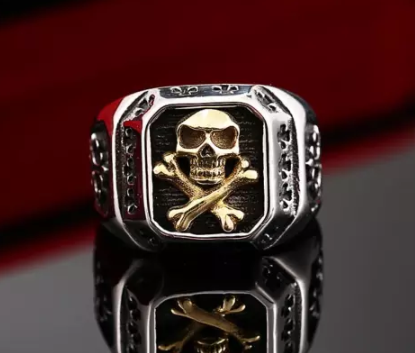 Stainless Steel Skull Ring with Gold Ip