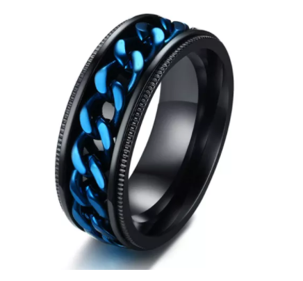 8mm Black Stainless Steel ring with Rotating chain