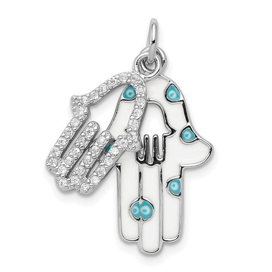 Sterling Silver Rhodium-plated Enamel Hamsa with CZ pendant