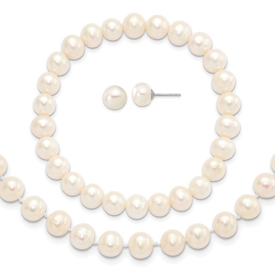 Sterling Silver 7-8mm White Pearl Necklace Set