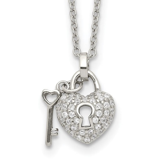 Sterling Silver Rhodium Plated Key and Lock Necklace with Cz