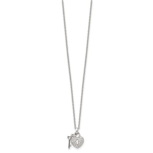 Sterling Silver Rhodium Plated Key and Lock Necklace with Cz