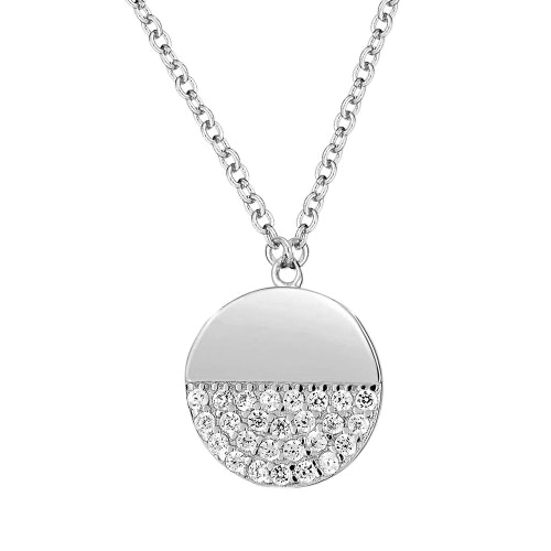 Sterling silver Half CZ Disc Necklace with CZ