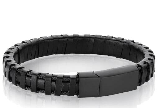 Italgem Stainless Steel Black Matt Leather Bracelet