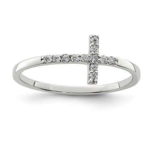 Sterling Silver Ladies CZ Sideways Cross Ring