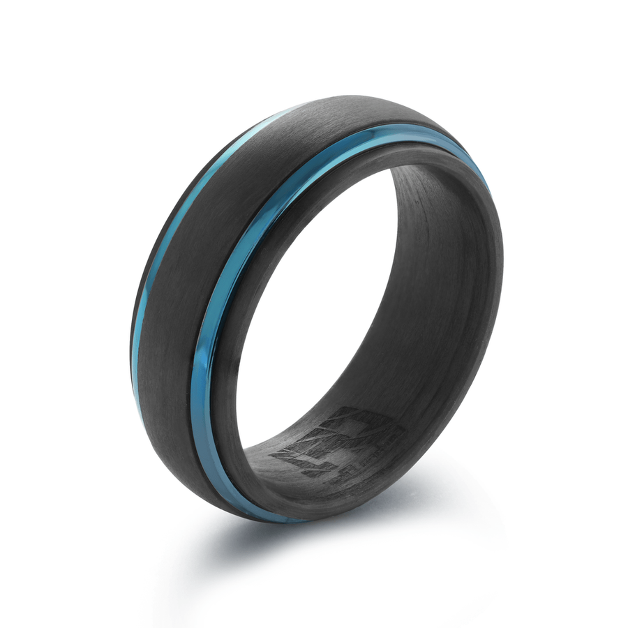 8mm Comfort Fit Stainless Steel Blue Striped Carbon Fiber Ring